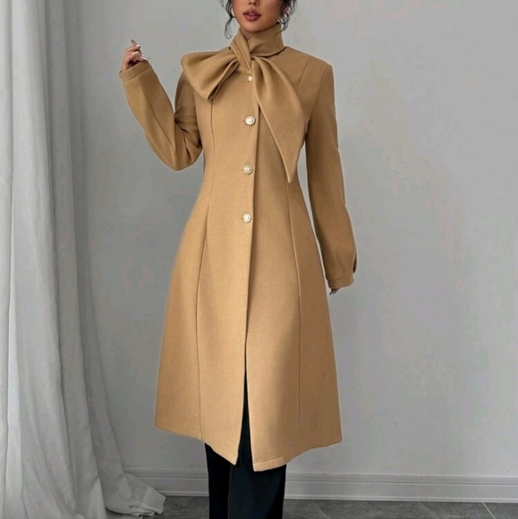 Women's Solid Color Self-Tie Collar Single-Breasted Long Elegant Coat - Picture 1 of 5
